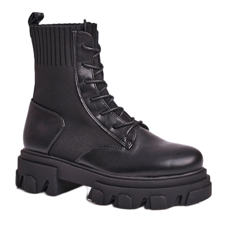 SEA Botas femininas de amarrar com meia NS156 preta My Need preto