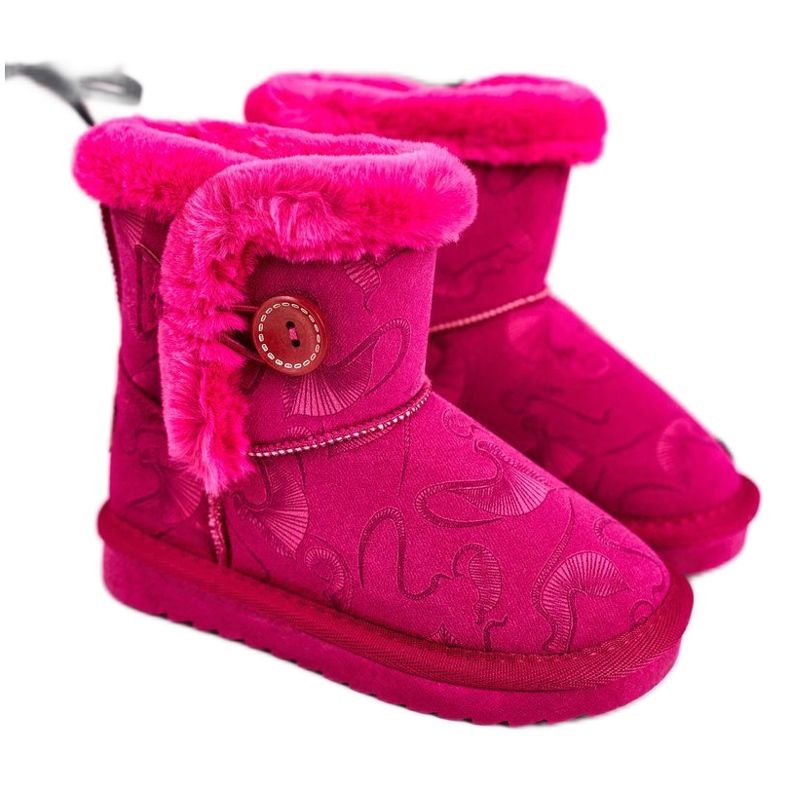 Apawwa Botas infantis de neve com pele e botão fúcsia Kawai rosa Apawwa Botas infantis de neve com pele e botão fúcsia Kawai rosa