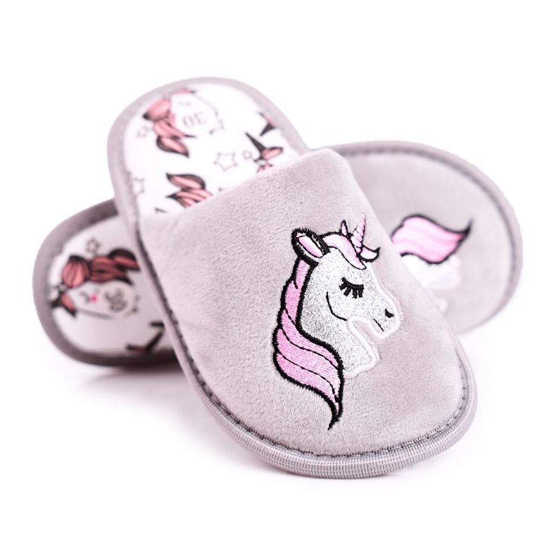 Chinelos infantis cinza unicórnio com unicórnio rosa prata Chinelos infantis cinza unicórnio com unicórnio rosa prata