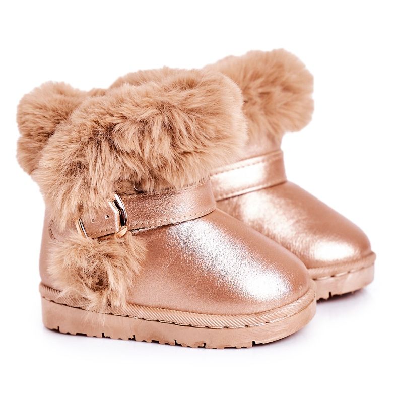 FRROCK Botas de neve aquecidas para crianças com gelatina de pele rosa e ouro