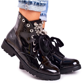MSMG Botas quentes femininas com pérolas metálicas e uma fita, Perla laqueada preto MSMG Botas quentes femininas com pérolas metálicas e uma fita, Perla laqueada preto