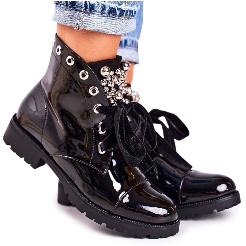 MSMG Botas quentes femininas com pérolas metálicas e uma fita, Perla laqueada preto
