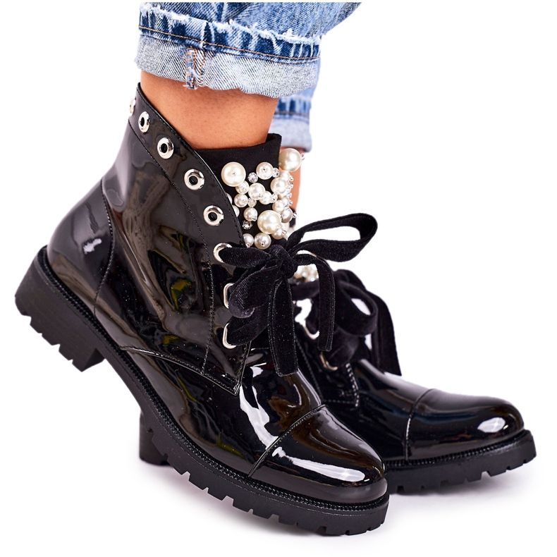 PS1 Botas quentes femininas com pérolas e uma fita, Perla laqueada preto