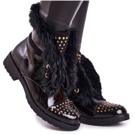 SEA Botas quentes femininas com strass e pele, glam lacado preto