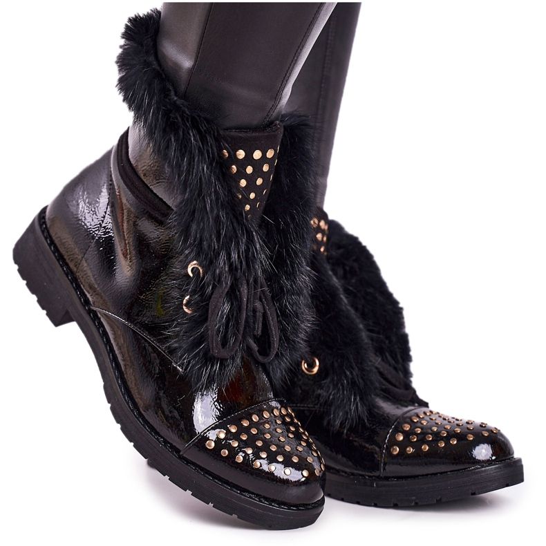SEA Botas quentes femininas com strass e pele, glam lacado preto