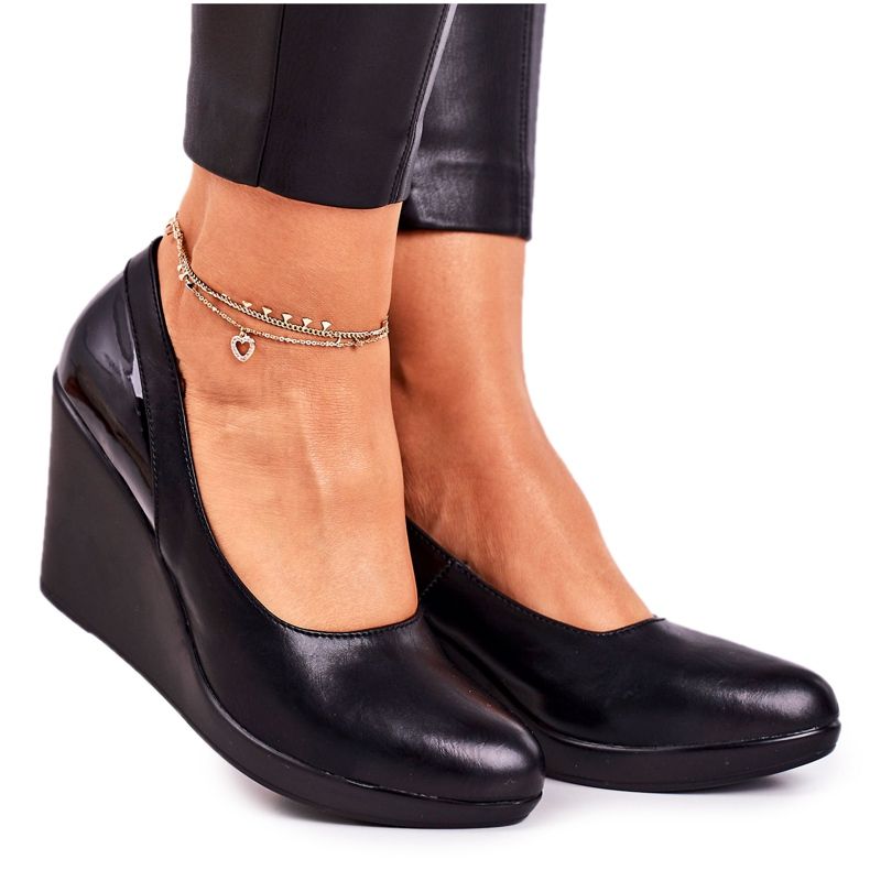 J.STAR But Bombas de cunha clássicas femininas lacadas pretas Ivonne preto