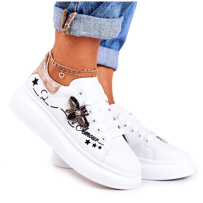 Tênis feminino esportivo com Fly White Golden Amour branco