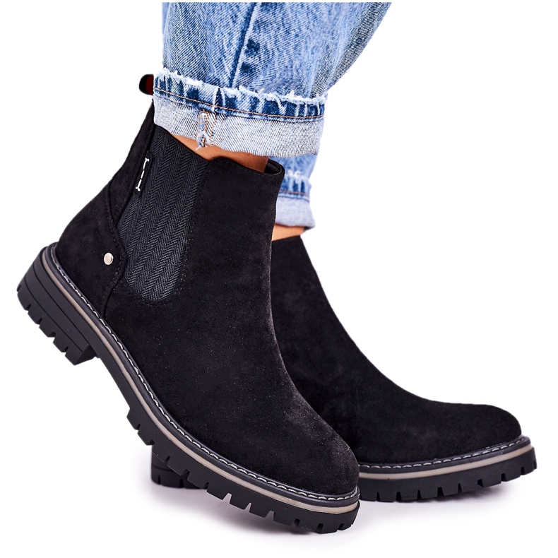 PJ1 Botas femininas quentes Chelsea Botas pretas de camurça de viajante preto