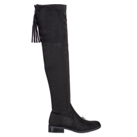 Forever Folie Botas confortáveis ​​até a coxa com franjas preto