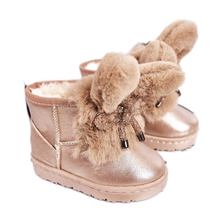 Botas de neve infantis com pele e orelhas Coelhinho de ouro rosa dourado
