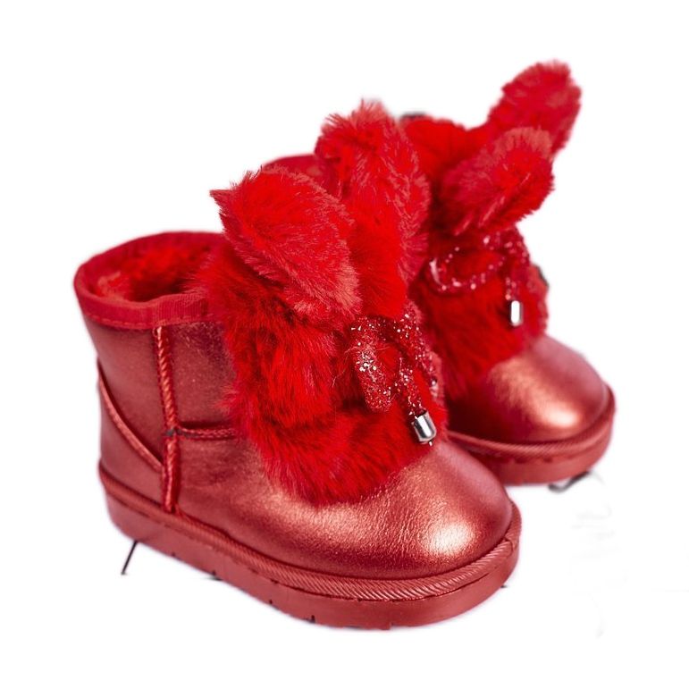 Botas de neve infantis com pele e orelhas de coelho vermelhas vermelho