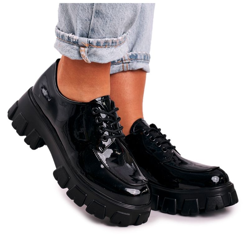 S.Barski Sapatos Oxfords femininos na plataforma maciça S. Barski HX23 lacado preto