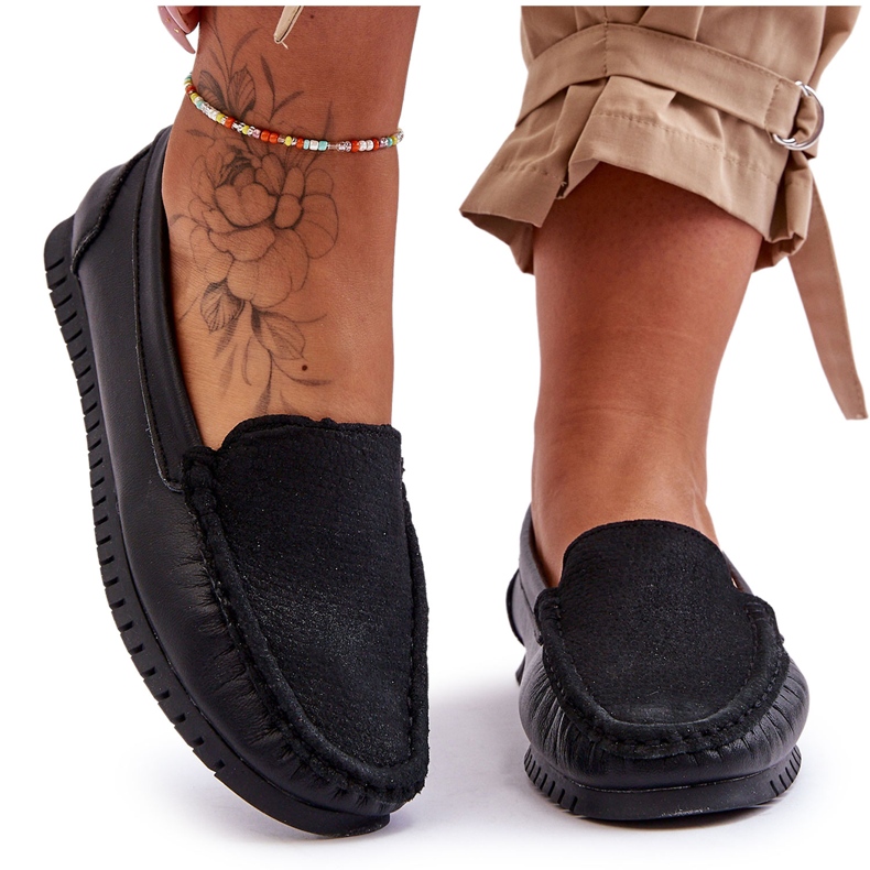 Mocassins clássicos de couro feminino S.Barski LR97630 pretos