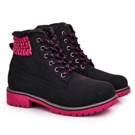 Apawwa Caçadores de botas infantis isolados com pele de floresta negra preto rosa Apawwa Caçadores de botas infantis isolados com pele de floresta negra preto rosa
