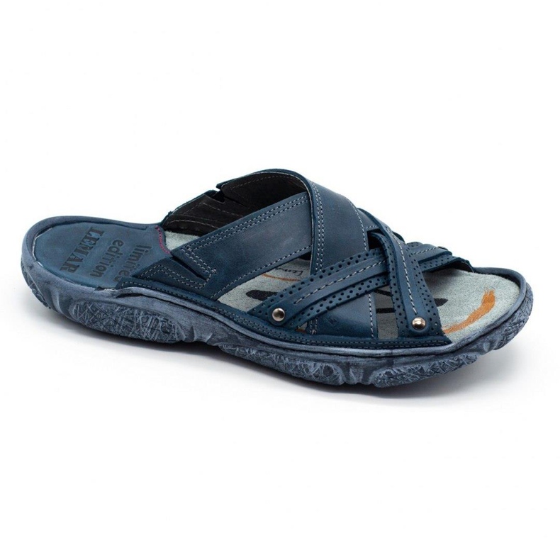 Lemar Chinelos de couro masculino 1654 azul marinho