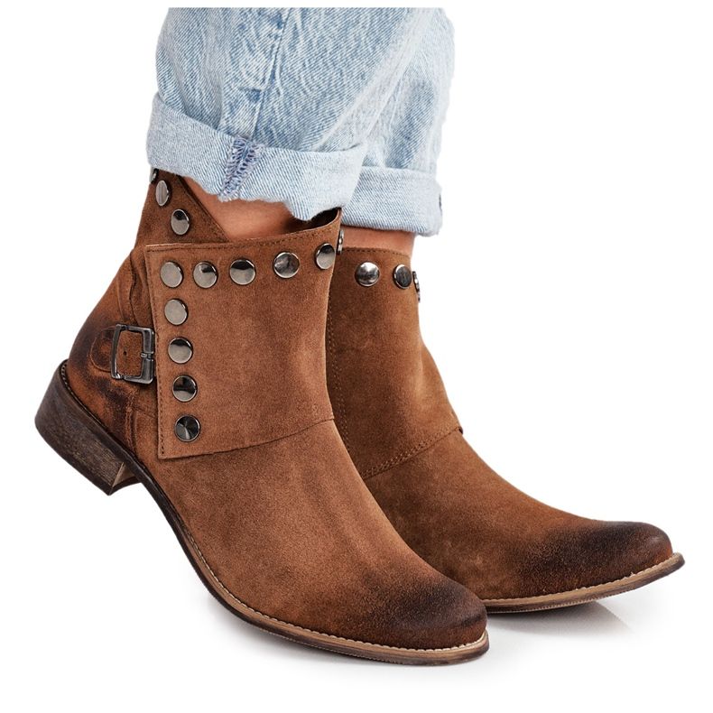 Exquisite Botas femininas de camurça com fivela de conhaque requintado 1198 castanho