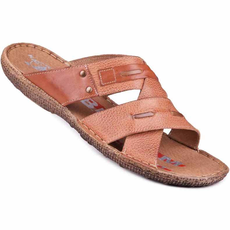 Kampol Chinelos de couro masculino 201 / C3 marrom castanho