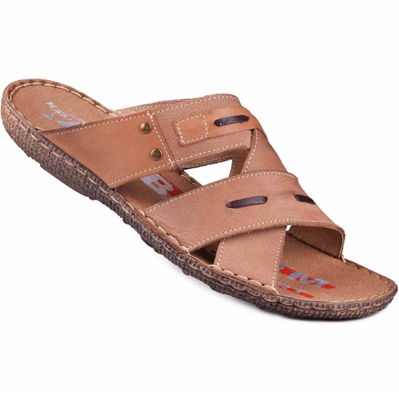Kampol Chinelos de couro masculino 201 / BR marrom castanho