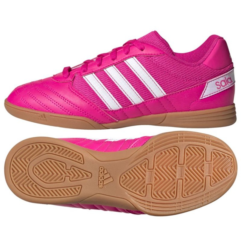 Chuteiras Adidas Super Sala Jr G55911 rosa, branco rosas e roxos