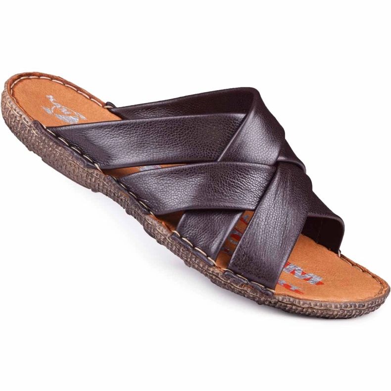 Kampol Chinelos de couro masculino 214 / BR marrom castanho