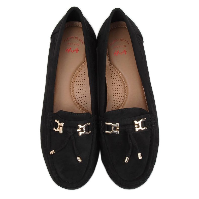 Mocassins femininos negros com plataforma preta H9228 Negro preto