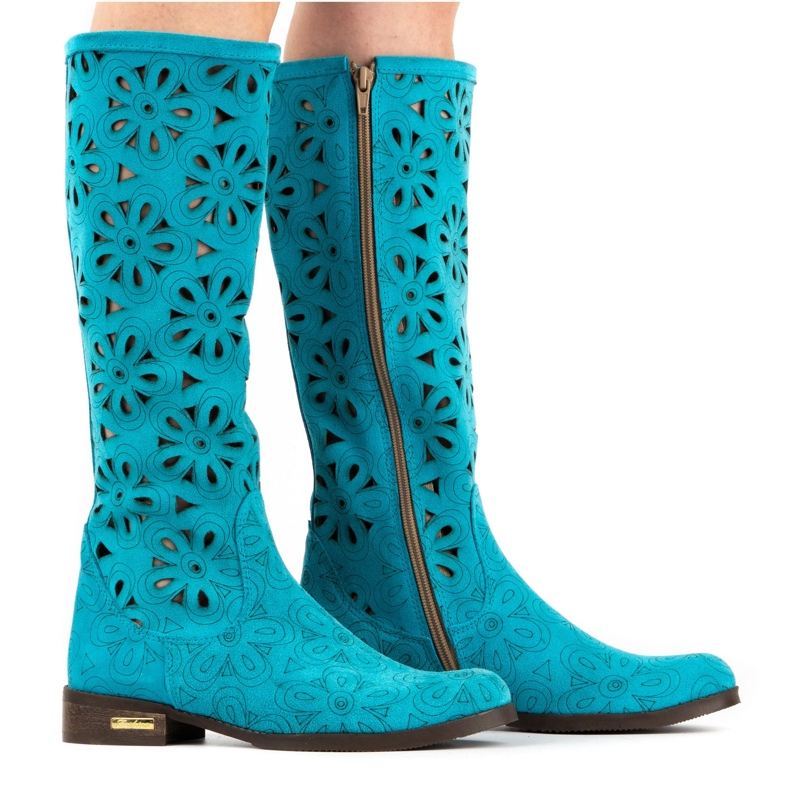 Olivier Botas femininas turquesa com bordados azul