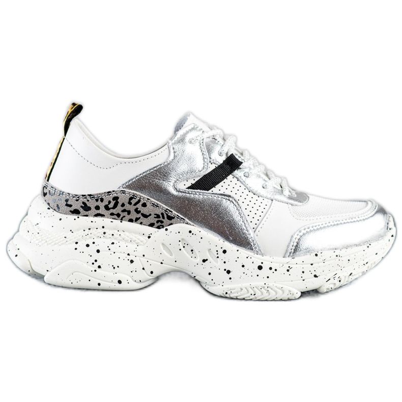 Goodin Tênis de couro com inserções de prata branco cinza multicolorido Goodin Tênis de couro com inserções de prata branco cinza multicolorido