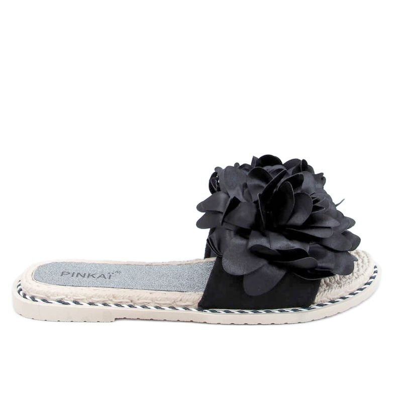 Black LS005 Chinelos femininos negros com flores preto Black LS005 Chinelos femininos negros com flores preto