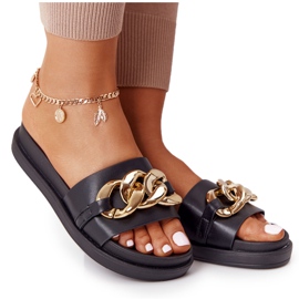 Chinelos plataforma férias pretos com corrente dourado