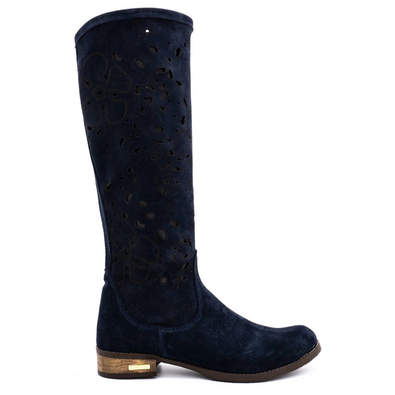 Olivier Botas femininas bordadas com flores azul marinho