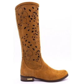 Olivier Botas femininas bordadas com flores vermelhas marrom