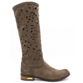 Olivier Botas femininas bordadas com flores marrons castanho