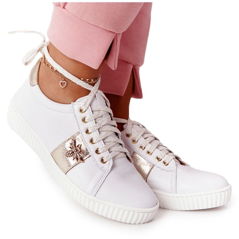 Lewski Shoes Sapatilhas de couro feminino. Sapatos Lewski 2786-0 branco e dourado