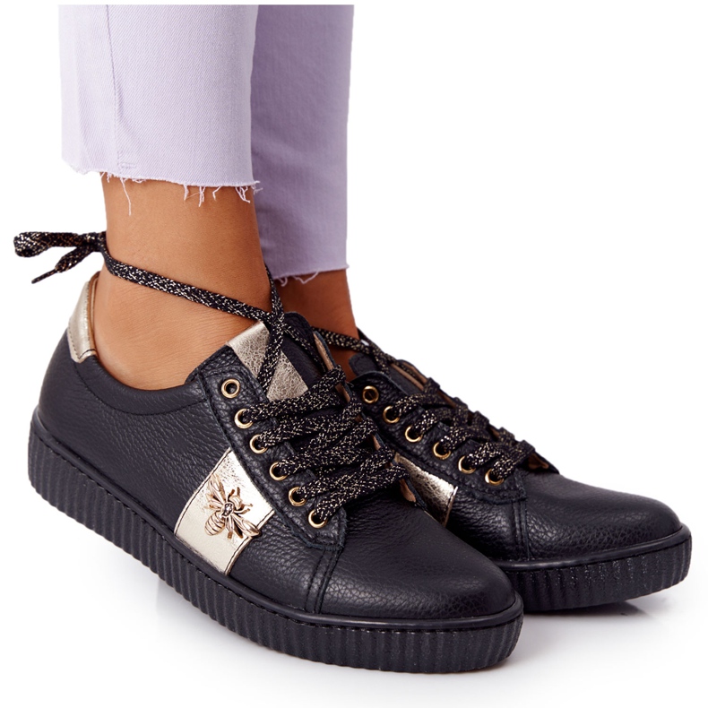 Lewski Shoes Sapatilhas de couro feminino. Sapatos Lewski 2786-0 preto-ouro dourado