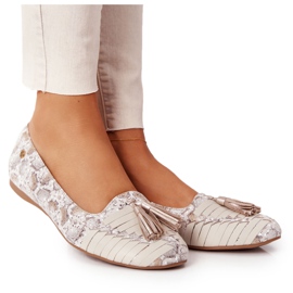 Bailarinas de couro com franjas Maciejka 04016-25 bege-ouro dourado Bailarinas de couro com franjas Maciejka 04016-25 bege-ouro dourado