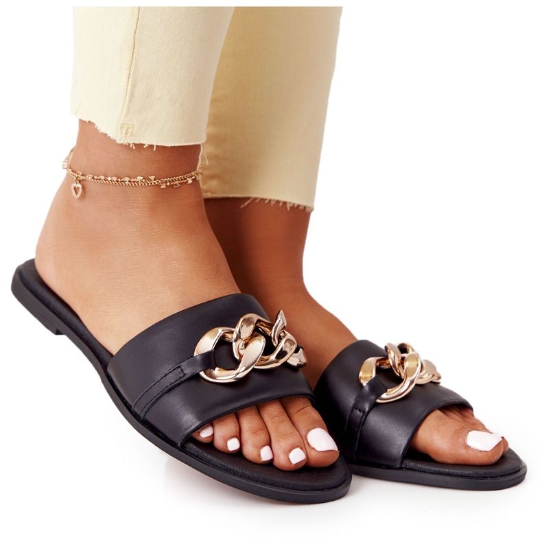 Chinelos de couro com corrente Nicole 2652 preta preto