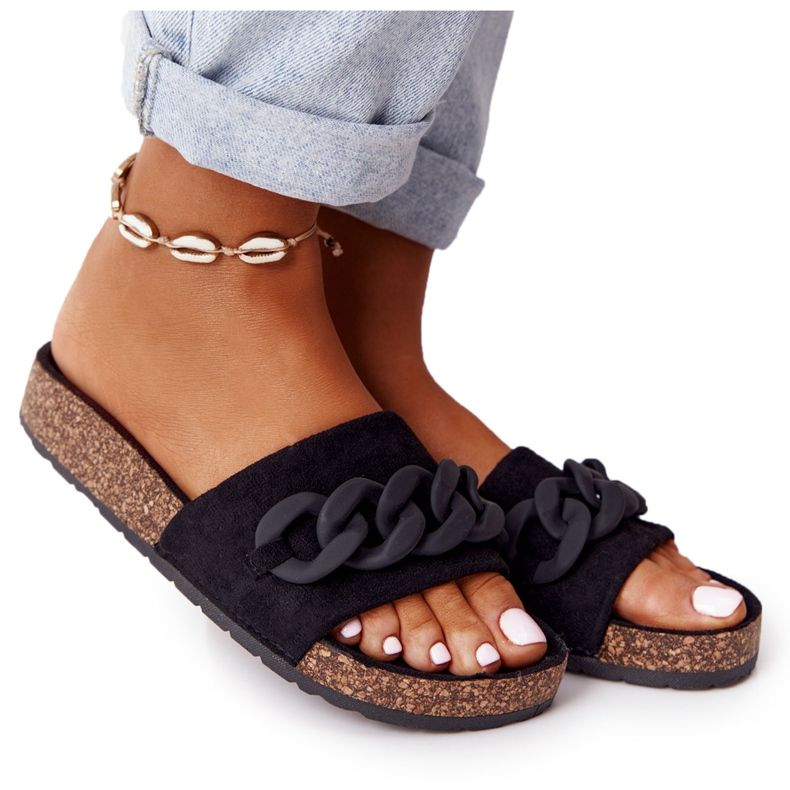 MSMG Chinelos de camurça Makayla pretos com sola de cortiça