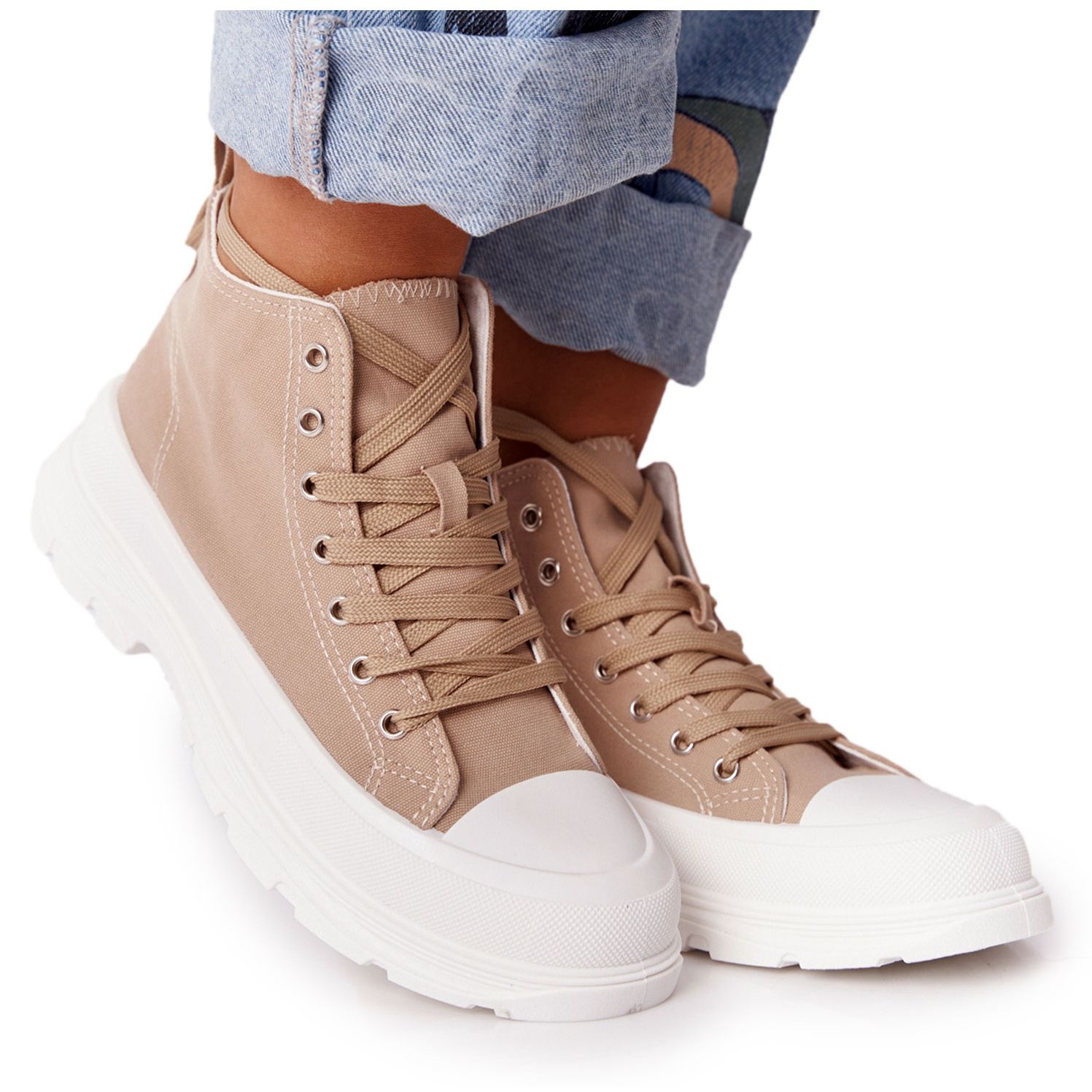 Tênis alto feminino com sola grande marrom claro trissy cáqui - KeeShoes
