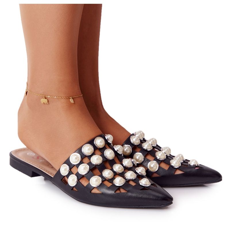 PS1 Chinelos pretos ondulados com parte superior e pérolas PS1 Chinelos pretos ondulados com parte superior e pérolas