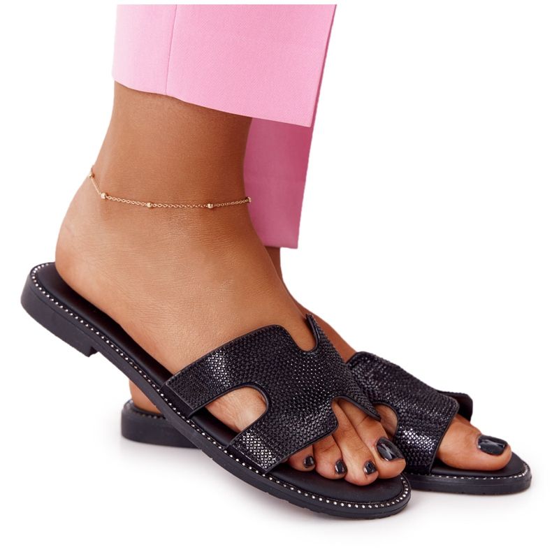 EVE Chinelos de couro com modena preta de zircônia cúbica preto