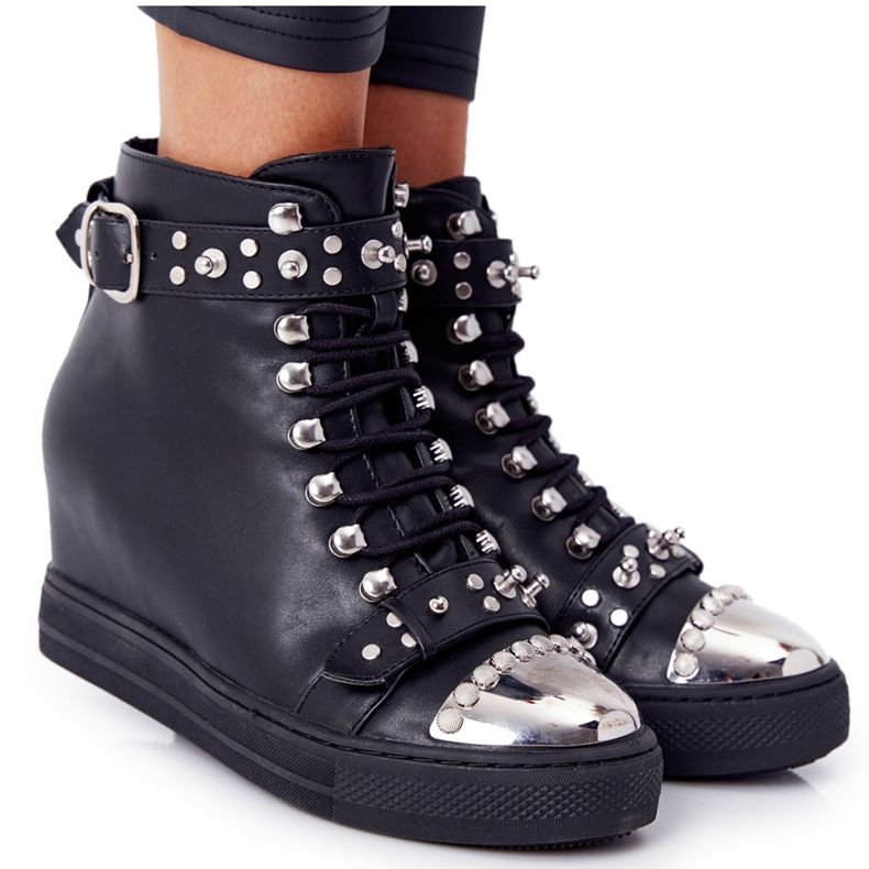 Botas pretas em uma cunha com strass Lu Boo preto Botas pretas em uma cunha com strass Lu Boo preto