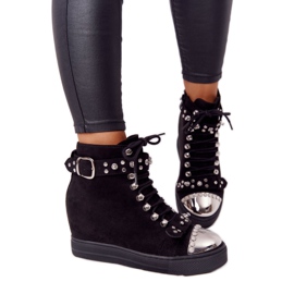 LU BOO Botas de camurça preta Lu preto Boo em cunha com strass LU BOO Botas de camurça preta Lu preto Boo em cunha com strass