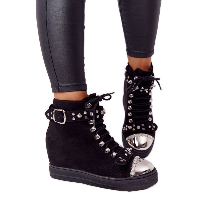 LU BOO Botas de camurça preta Lu preto Boo em cunha com strass