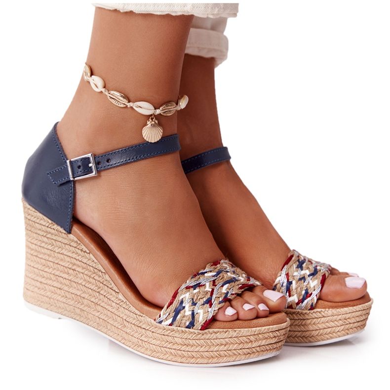 Sandálias de couro em cunha Maciejka L4869-17 Azul marinho