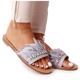 Chinelos Com Penas Lu Boo Cinza