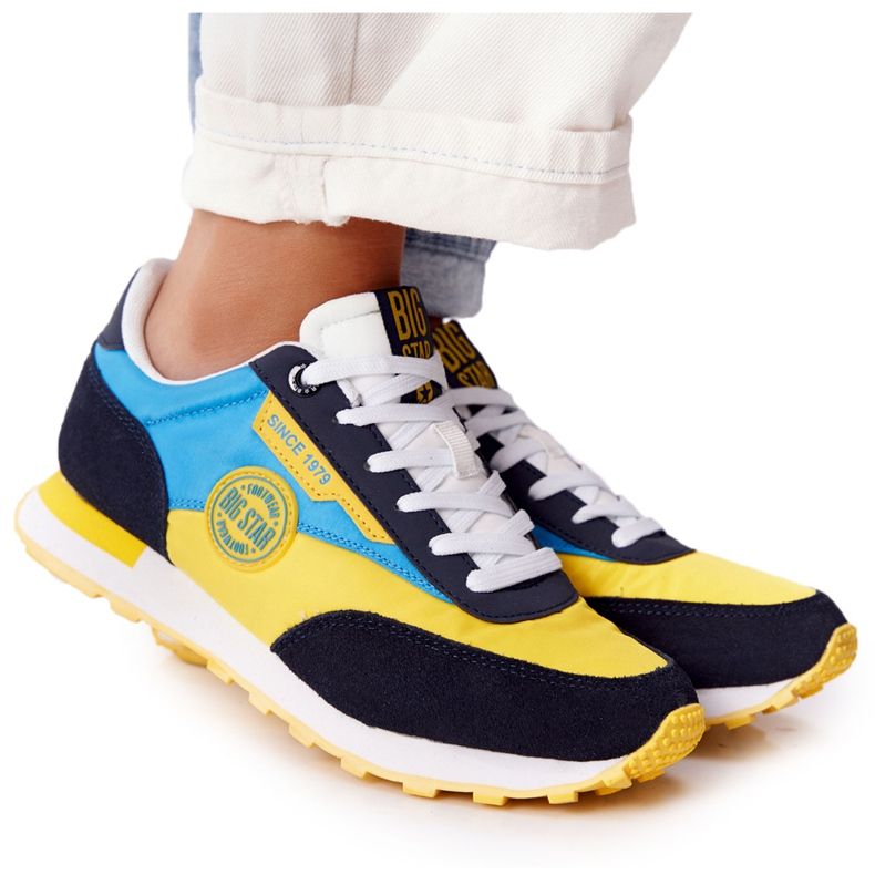 Sapatos esportivos femininos com espuma viscoelástica Big Star HH274525 amarelo-azul Sapatos esportivos femininos com espuma viscoelástica Big Star HH274525 amarelo-azul