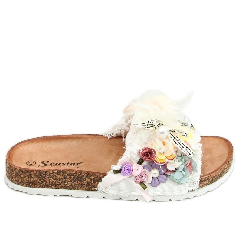 Chinelos de cortiça branca com flores BG61P Branco