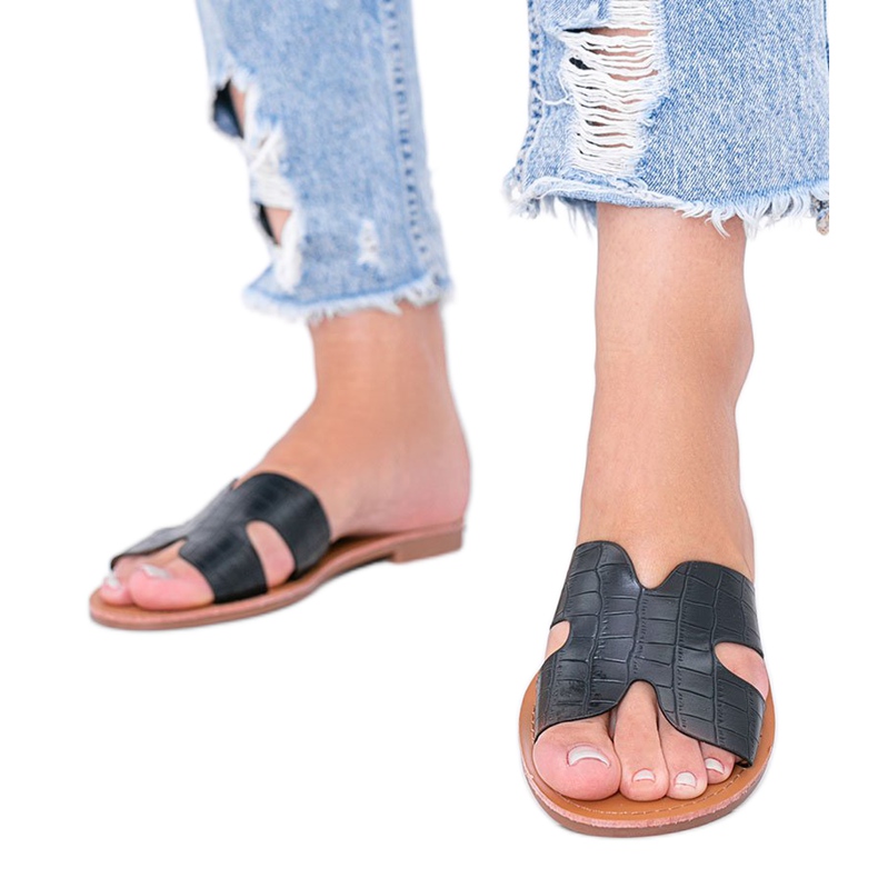 Chinelos pretos de couro de crocodilo fênix Chinelos pretos de couro de crocodilo fênix