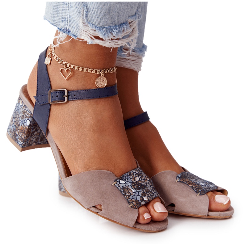 Sandálias de salto alto de couro Maciejka 04120-43 Bege-Azul Marinho