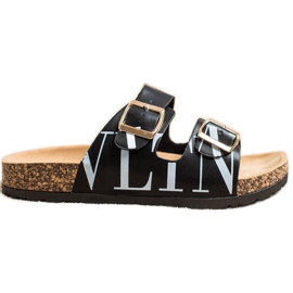 SHELOVET Chinelos confortáveis ​​de couro ecológico preto